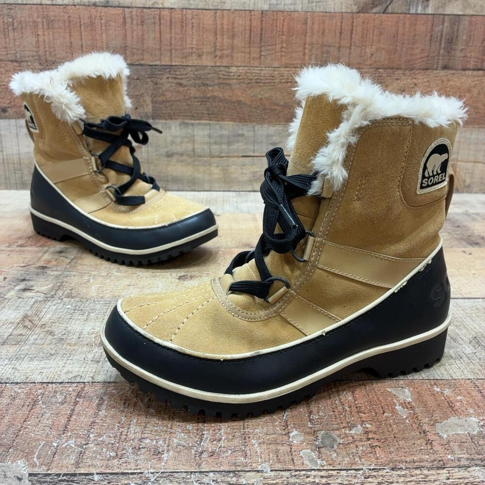 Sorel Snow Boots Womens Size 7 38 Beige Suede Mid Calf Lace Up Winter NL2089-373